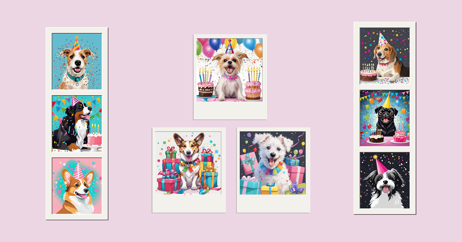 Custom dog birthday art - scrapbook collage of AI portraits of happy dogs on their birthday, dog birthday portraits