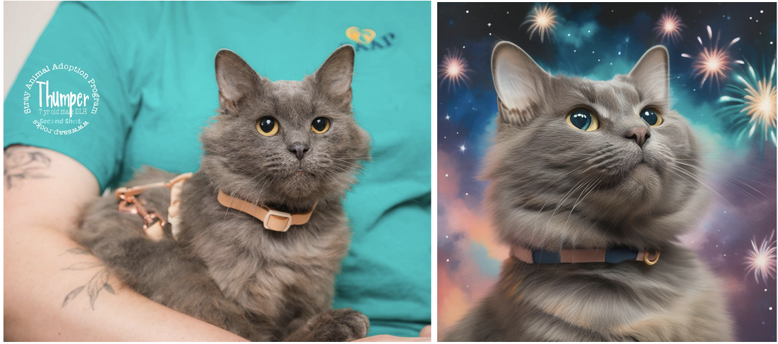 Side-by-side photograph from Second Shot and AI cat portrait of Thumper, a rescue cat