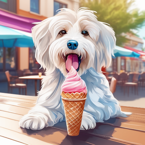 AI pet portrait of a cute white dog eating an ice cream cone, dog birthday idea