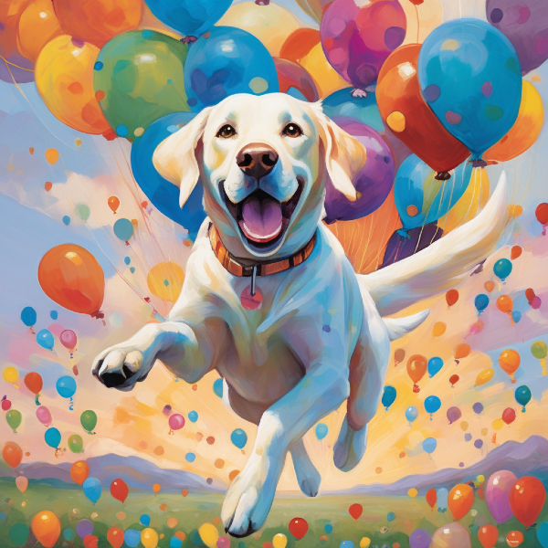 AI dog portrait of happy white lab flying through the air surrounded by balloons, dog birthday portrait