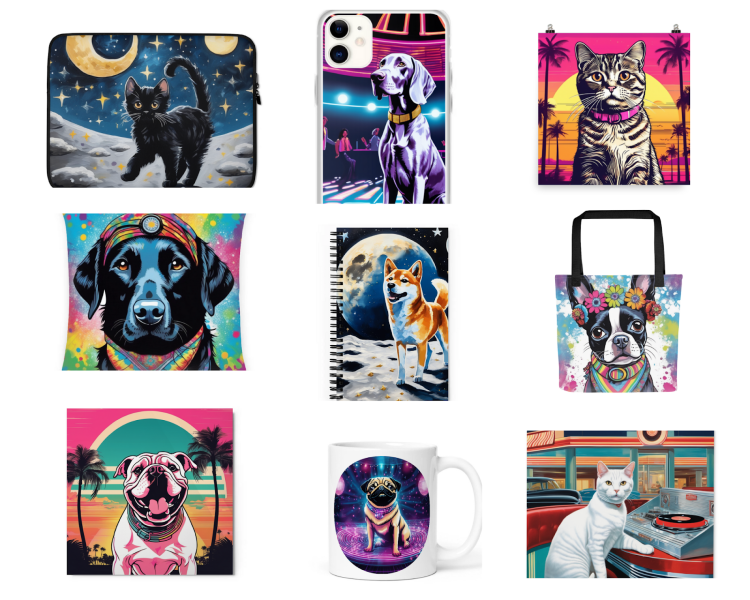 Collage of 9 products (custom cat laptop case, custom dog pillow, and more) featuring 20th century-themed custom pet art from PugMug