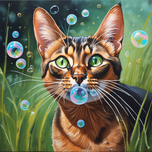 AI cat portrait of a kitten blowing bubbles in a grassy field; custom pet art from pugmug.ai