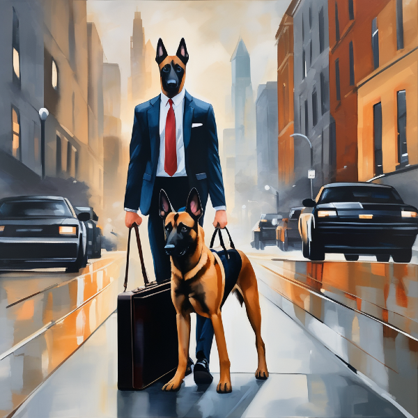 AI dog portrait of a Belgian malinois dog in a suit and tie walking another Belgian malinois dog; custom pet art from pugmug.ai