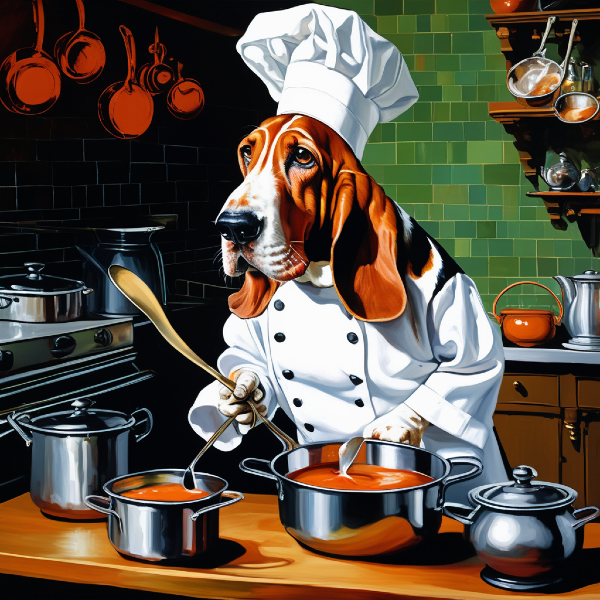 AI dog portrait of a basset hound chef with two bowls of tomato soup; custom pet art from pugmug.ai