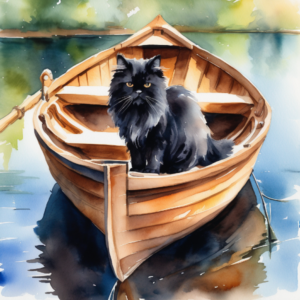 AI cat portrait of a grumpy-looking black Persian cat sitting in the center of a rowboat on a lake; custom pet art from pugmug.ai