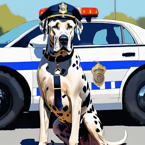 AI dog portrait of a great dane police officer, custom dog art from PugMug.ai