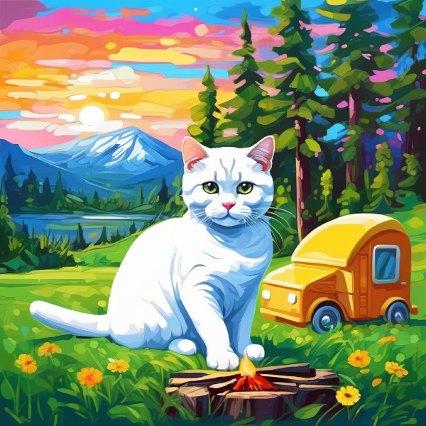 AI cat portrait of a giant white cat at a mountain campsite, next to a tiny front half of a camper truck; custom pet art from pugmug.ai