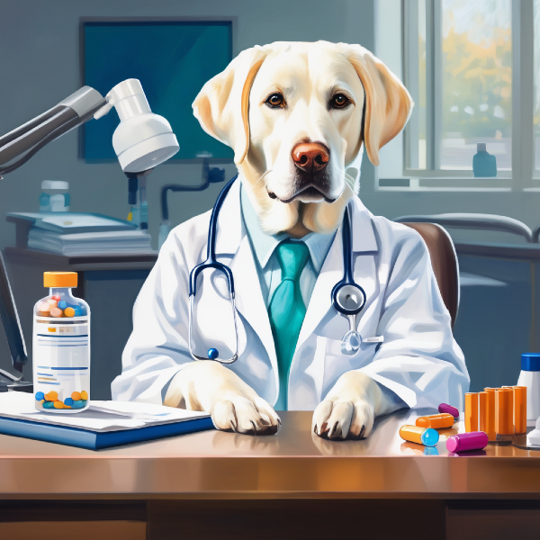 AI dog portrait of a white lab doctor, custom dog art from PugMug.ai