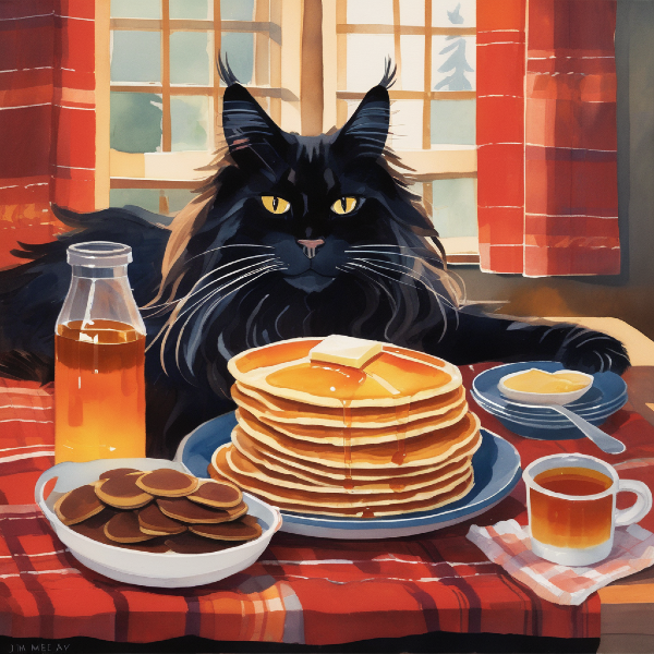 AI cat portrait of a black cat surrounded by a giant pile of pancakes, a plate of mini-pancakes, syrup, and butter; custom pet art from pugmug.ai