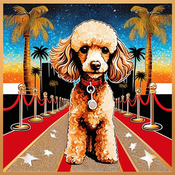 AI dog portrait of a poodle in Hollywood on the red carpet, custom dog art from PugMug.ai