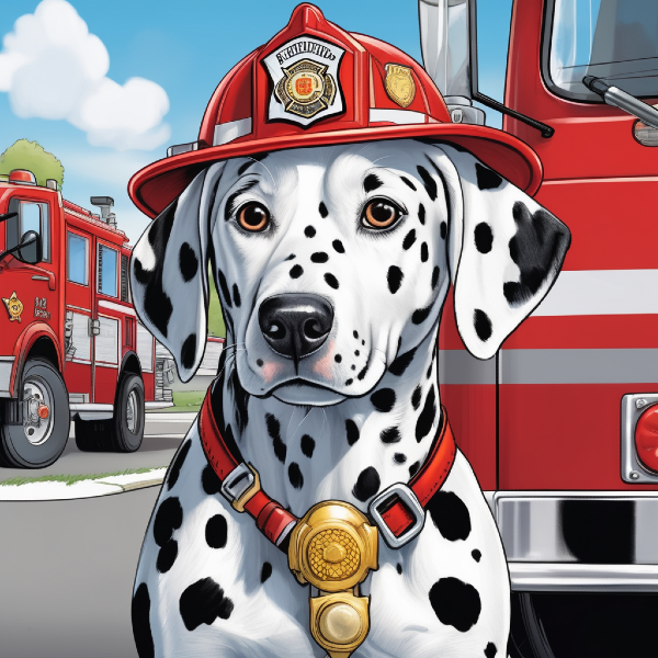 AI dog portrait of a dalmatian firefighter, custom dog art from PugMug.ai