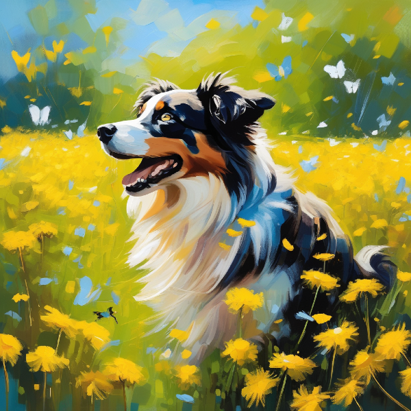 Custom Aussie portrait, Australian Shepherd dog in a dandelion field, AI dog portrait from pugmug.ai