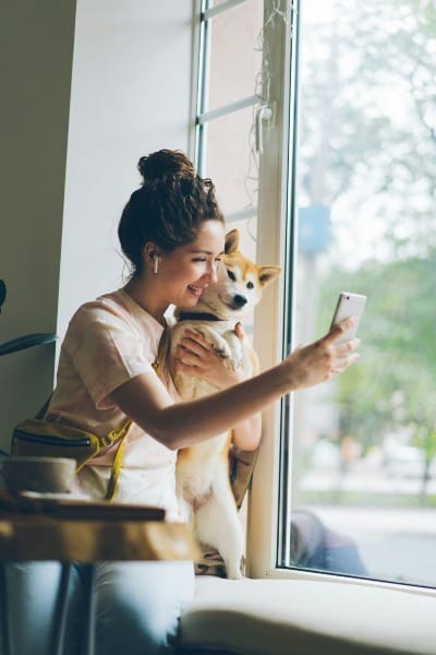 Photograph of a woman taking a photo on her phone of her shiba inu dog