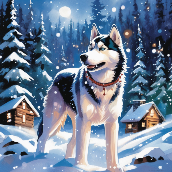 AI dog portrait of a Siberian husky surrounded by snow, custom dog art from PugMug.ai