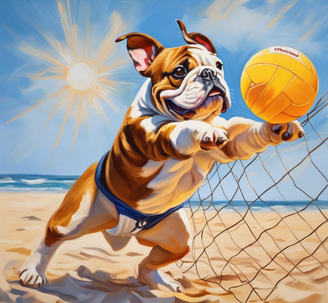 AI dog portrait of a bulldog throwing a volleyball on the beach, with the volleyball net torn down; custom pet art from pugmug.ai