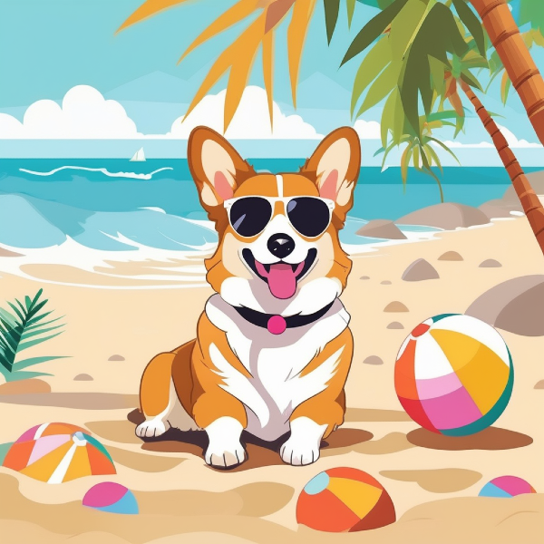 Custom corgi portrait, cartoon corgi dog on the beach, AI dog portrait from pugmug.ai