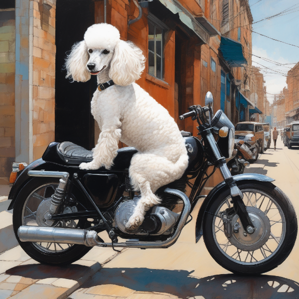 AI dog portrait of a white poodle sitting backwards on a motorcycle; custom pet art from pugmug.ai