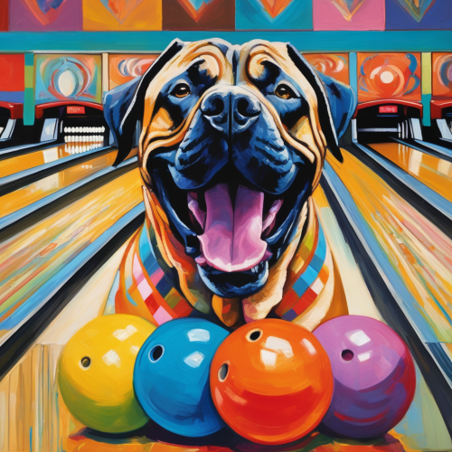 AI dog portrait of a happy mastiff at a bowling alley with four colorful bowling balls; custom pet art from pugmug.ai