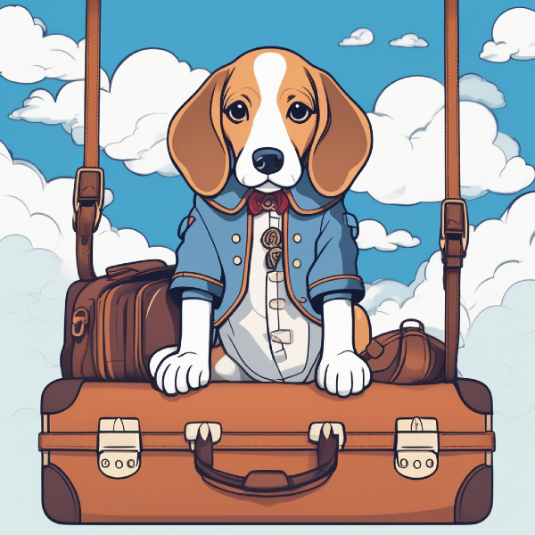 AI dog portrait of a beagle with some suitcases, custom dog art from PugMug.ai