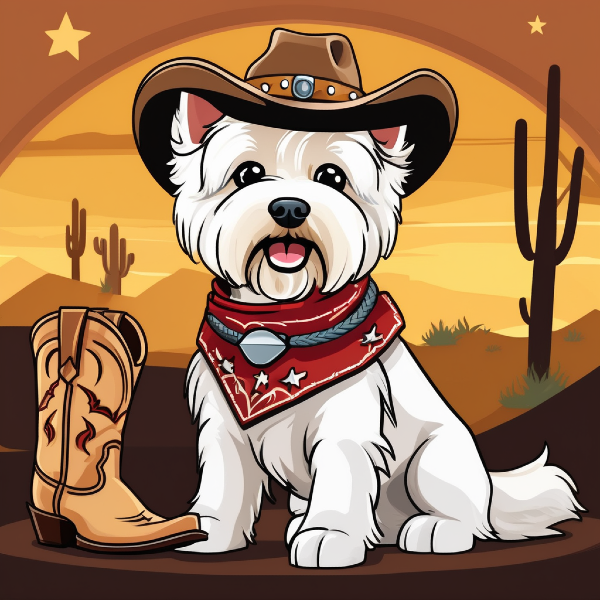 Custom dog portrait, white cartoon dog as a cowboy with cowboy boots, AI dog portrait from pugmug.ai