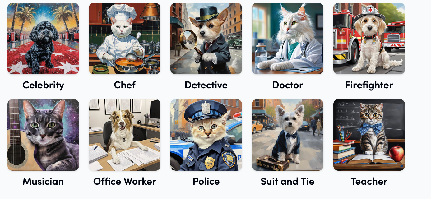 Images of 10 styles from the PugMug Careers style pack: Celebrity, Chef, Detective, Doctor, Firefighter, Musician, Office Worker, Police, Suit and Tie, and Teacher