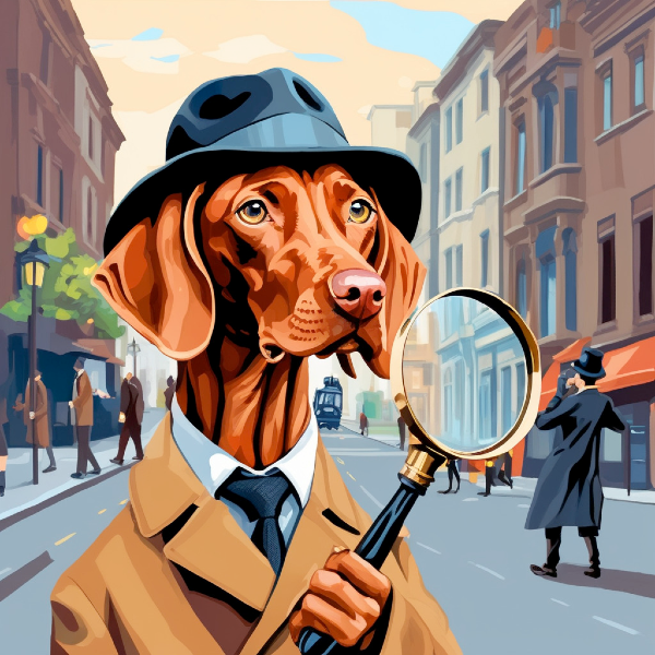 AI dog portrait of a viszla detective with a magnifying glass, custom dog art from PugMug.ai