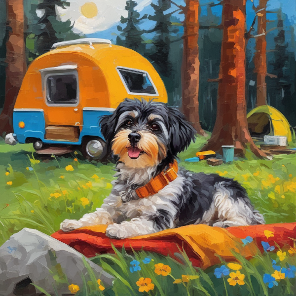 Custom havaton portrait, havaton dog next to a camper van and a tent, AI dog portrait from pugmug.ai