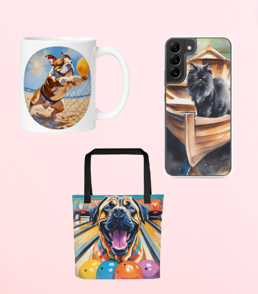 Three products from PugMug.ai: custom bulldog mug, custom Persian cat phone case, and custom mastiff tote 