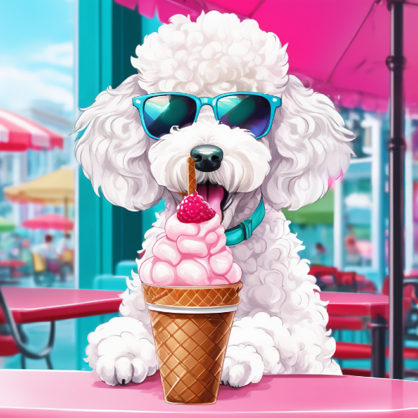 Custom dog art of a white poodle eating strawberry ice cream, AI dog portrait from PugMug