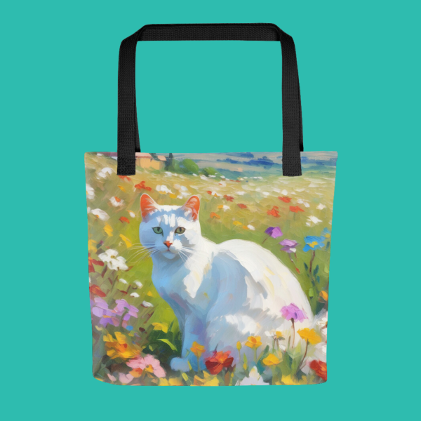 Custom cat tote bag from PugMug, tote bag with white cat in a field of flowers