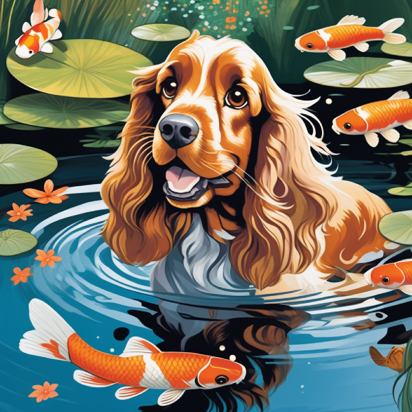 Custom dog art of a cocker spaniel among koi fish, AI dog portrait from PugMug