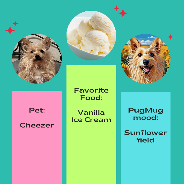 Photograph of chorkie dog Cheezer, their favorite food (vanilla ice cream), and AI dog art from PugMug of Cheezer among sunflowers