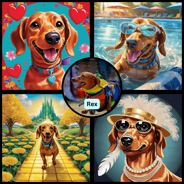 Four custom dachshund portraits of Rex from PugMug.ai: dachshund surrounded by hearts, dachshund in swimming pool, dachshund in Wizard of Oz, and dachshund in Roaring 20s style