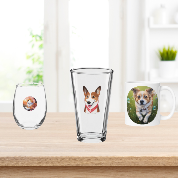 Image of a custom cat wine glass, custom dog tumbler, and custom dog mug on a table