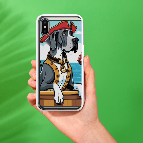 Image of a hand holding up a custom iPhone case with a cartoon portrait of a pirate dog