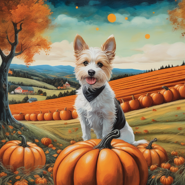 Custom dog art of a cute puppy sitting among pumpkins in a field, AI dog portrait from PugMug