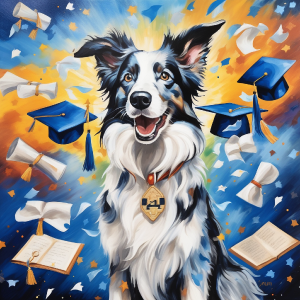 Custom border collie portrait from PugMug, custom AI art of border collie at graduation