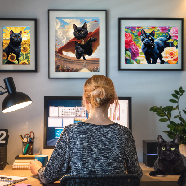 Image of woman working at a desk next to her black cat. Three custom cat posters with images of her cat in a sunflower field, playing quidditch, and in a rose garden hang above her head.