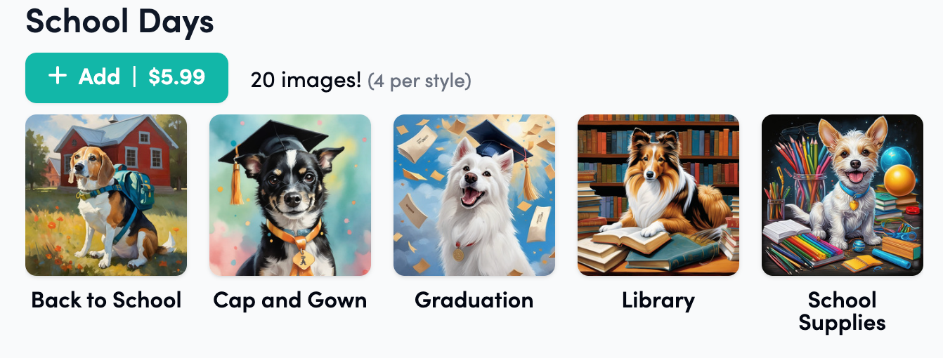 Images of five School Days-themed art styles from PugMug: Back to School, Cap and Gown, Graduation, Library, and School Supplies