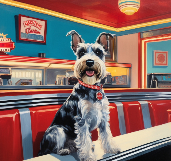 Custom dog art of a miniature schnauzer at a diner, AI dog portrait from PugMug