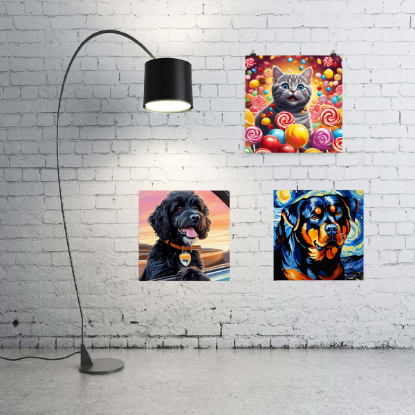 Photograph of wall with three custom pet canvases on it: cat in candy field, dog in Starry Night style, and dog on a road trip at sunset