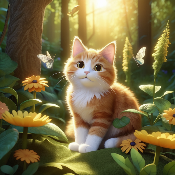 Custom cat portrait of a tabby cat in a magical forest surrounded by plants and flowers