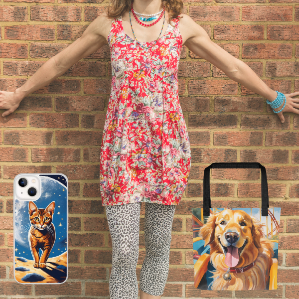 Image of a woman standing next to a wall next to two PugMug products: custom cat phone case with a cat on the moon and custom dog tote bag with a golden retriever on a rollercoaster