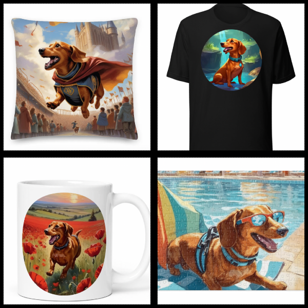 Four custom dachshund products from PugMug.ai with Rex's images: custom dachshund pillow, custom dachshund t-shirt, custom dachshund mug, custom dachshund jigsaw puzzle