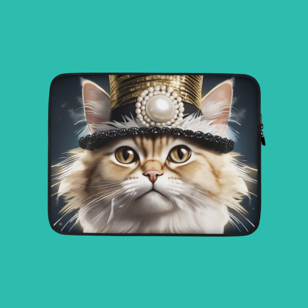 Image of custom cat laptop sleeve from PugMug, Roaring Twenties cat portrait