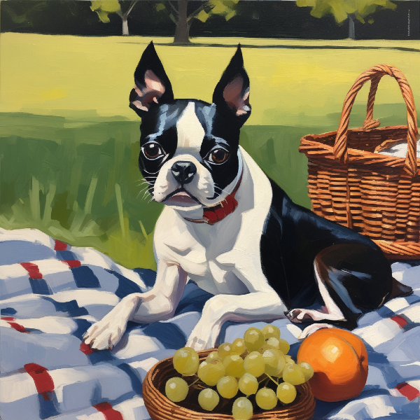 Custom dog art of a boston terrier sitting next to a picnic basket full of fruits, AI dog portrait from PugMug