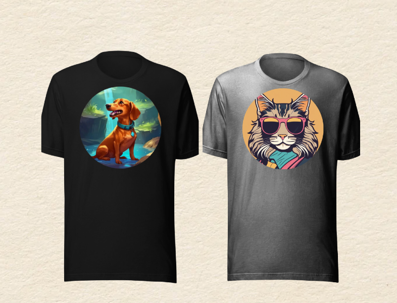 Two side-by-side t-shirt with custom pet art: dachshund dog in a cave and cool cat in sunglasses