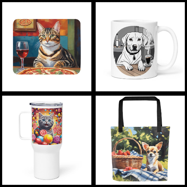 Four custom dog products featuring food styles from pugmug.ai: coaster, mug, tumbler, and tote