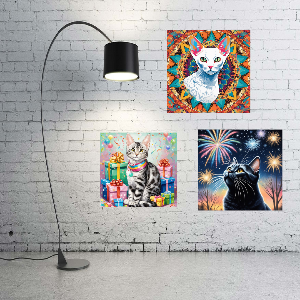 Three custom cat portraits on a wall, AI cat art from PugMug