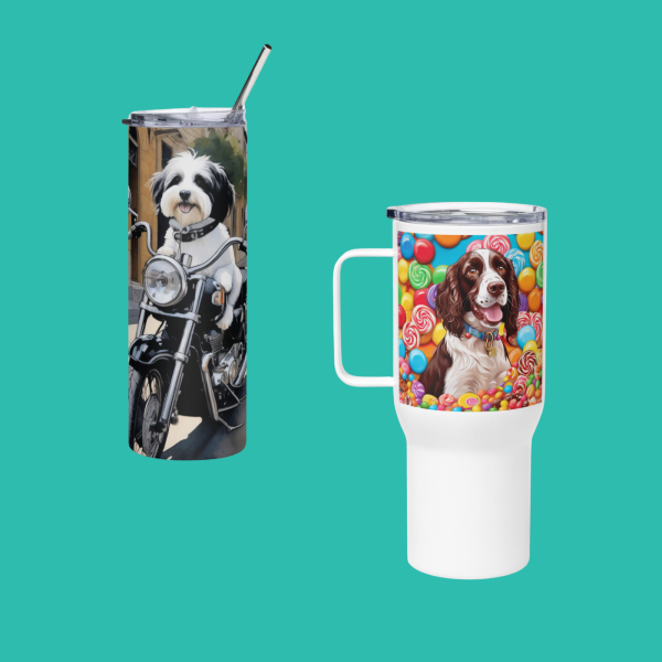 Custom dog stainless steel tumbler and custom dog travel mug from PugMug, motorcycle dog and candy land English springer spaniel